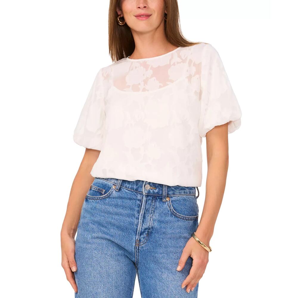 Vince Camuto Women's Floral-Jacquard Puff-Sleeve Top Ivory Size M 2128